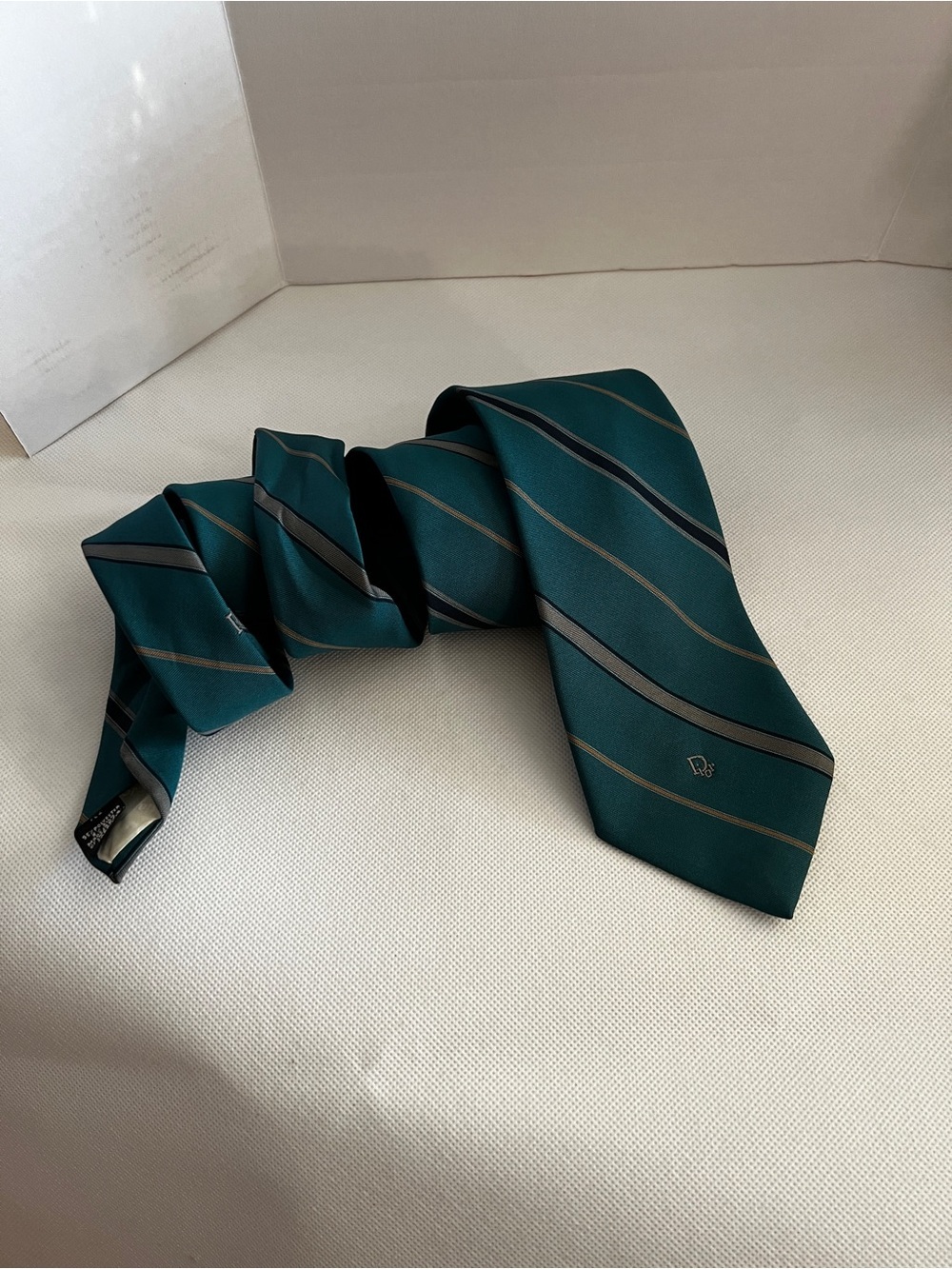 Christian Dios Monsieur Tie Teal Tan Striped Size L, 59" X W, 3.5"